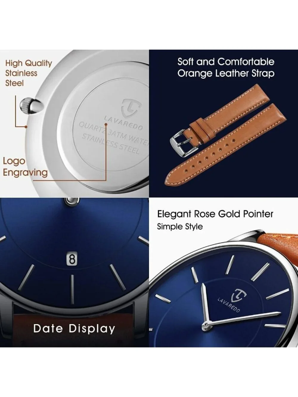 Mens Blue Dial Orange Leather Strap Analog Minimalist Fashion Simple Wrist Watch